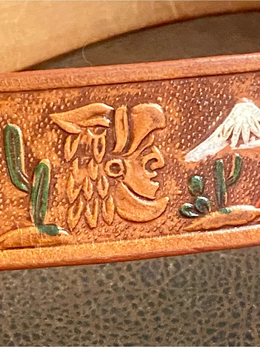 Hand Tooled Brown Leather Belt with Multicolor 'MEXICO', Cacti, Aztec Pyramids